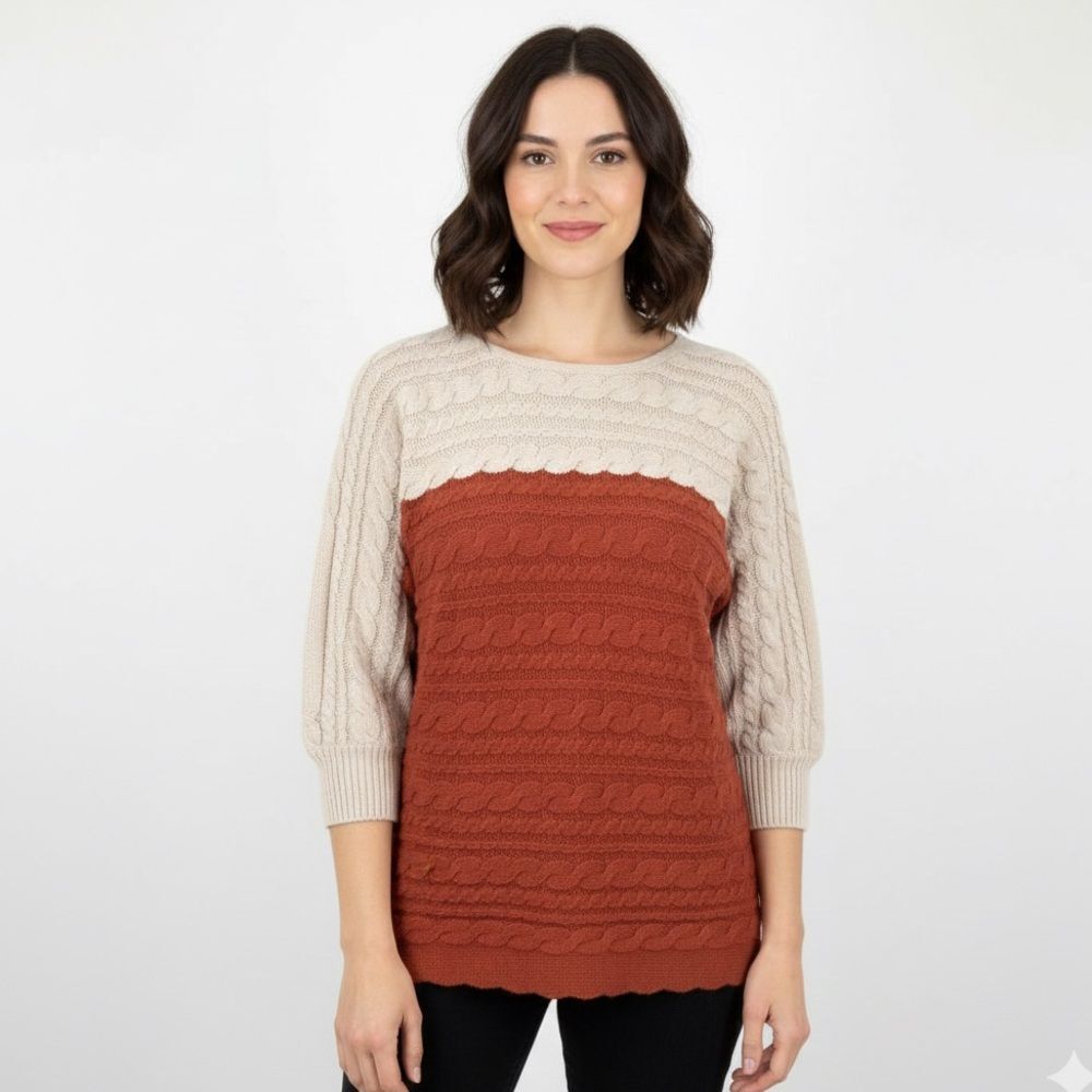 Banana Republic Angora Rust & Oatmeal Colorblock Cable-Knit Sweater Size Small